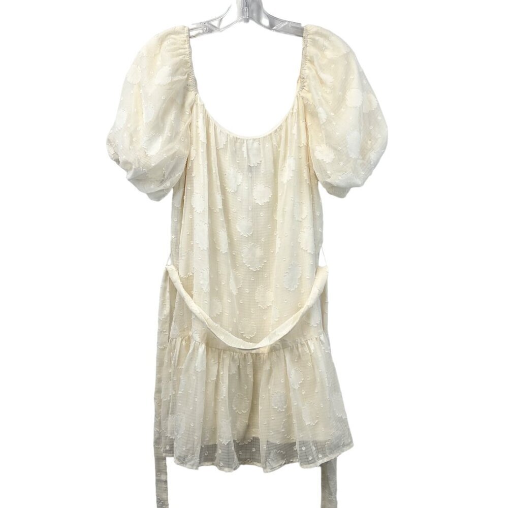 A. Calin Puff Sleeve Belted Shift Dress Ivory Ruffle Hem Size Small Lined